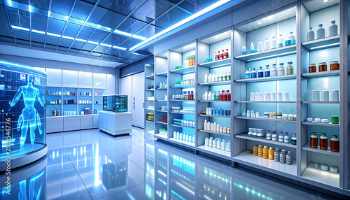 Futuristic Laboratory with Glowing Blue Lights and Scientific Displays.