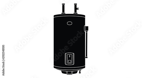 A black silhouette of a water heater with pipes and controls against a white background silhouette waterheater