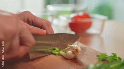 Woman’s hand chopping green onion with kitchen knife on wooden cutting board