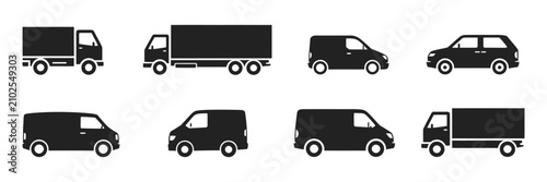 Obraz na plátně Delivery truck silhouette icon set, cargo trucks and vans arranged in a grid pattern, editable vector illustration for transportation, logistics, shipping and freight services