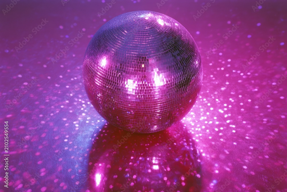 Obraz premium A disco ball sparkles with pink and purple light against a glittering background