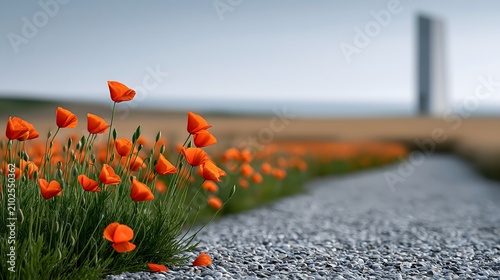 Panoramic landscape of vibrant red poppy field with memorial monument at sunrise, honoring military sacrifice, Armistice Day, Remembrance Day and Veterans Day, peaceful inspirational scene