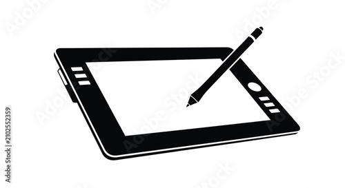 Schilderij op canvas Graphic tablet and stylus depicted as a black silhouette against a white backgro