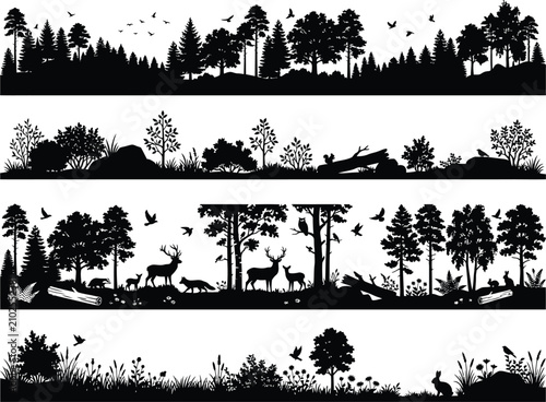 Forest landscape with trees birds and deer in black silhouette against a white background