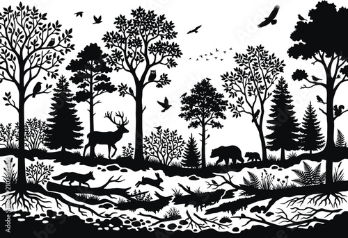 Detailed forest wildlife scene with deer bear and birds in black silhouette