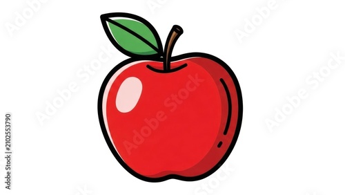 Cartoon-style red apple with green leaf and stem, outlined in black