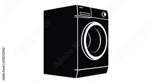 Front loading washing machine in a black and white silhouette washer laundry appliance domestic household cleaning clothes fabric