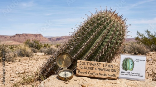 Giant desert saguaro cactus close up situated on arid valley sand plain next to custom vintage compass navigation tool sign