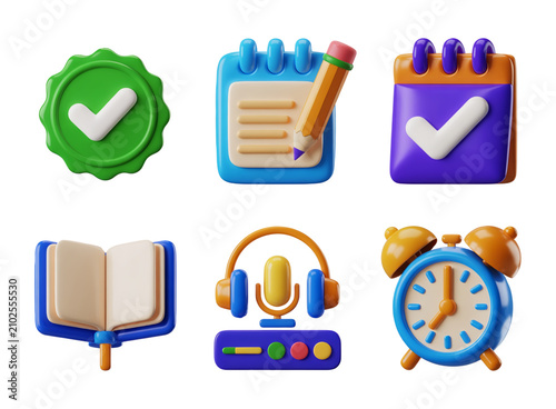 Isolated 3D Productivity and E Learning Symbols for Study Planning Podcast Recording and Task Completion