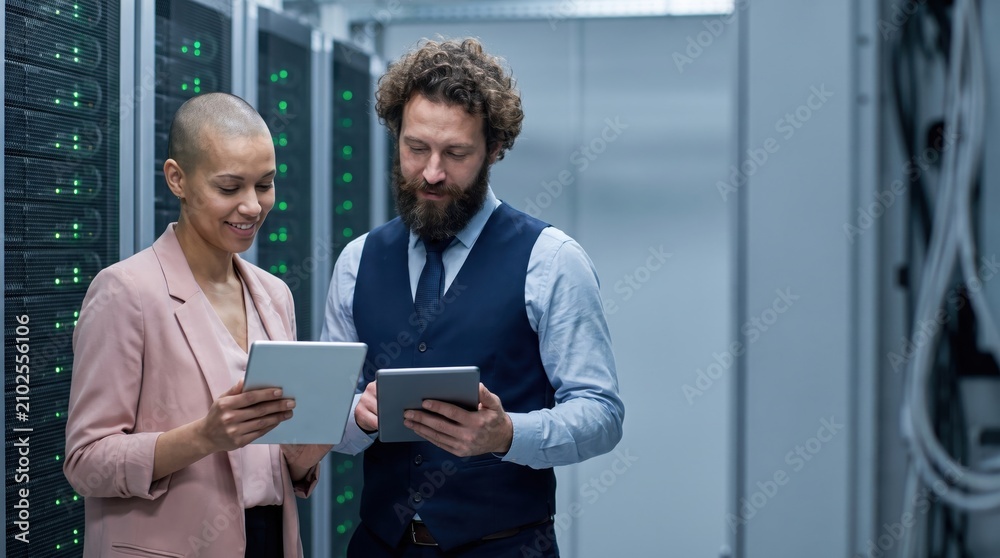 Fototapeta premium IT Professionals Working in Server Room with Digital Tablets.