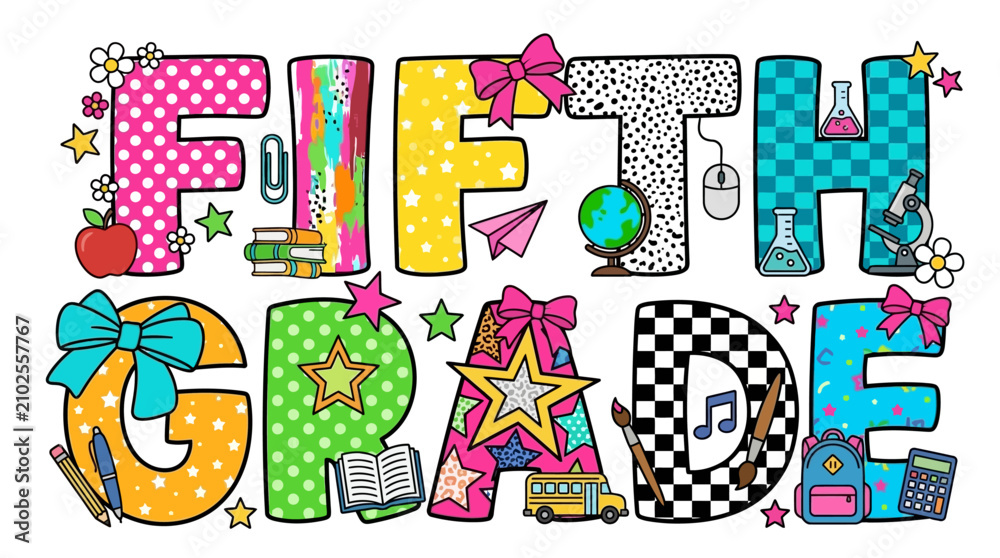 Fototapeta premium colorful fifth grade text with school icons and patterns