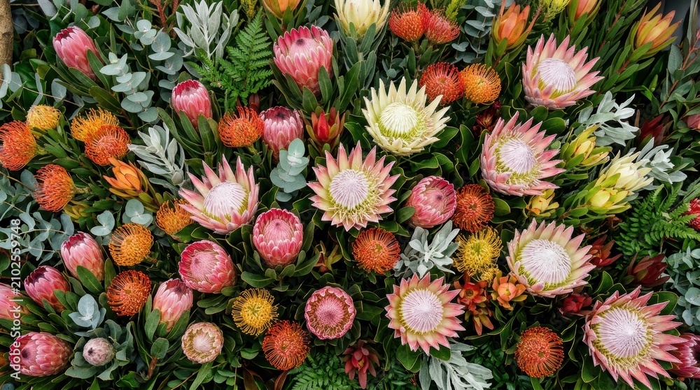 Fototapeta premium Colorful assortment of dried protea flowers in natural arrangement.