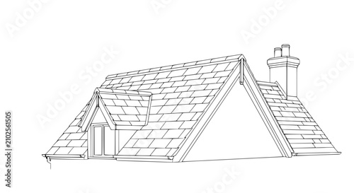 Tableau sur toile Architectural Sketch of a Slate Roof with Dormer Window and Chimney