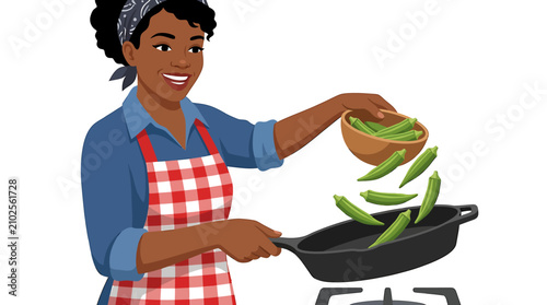 Bild auf Leinwand African American Cook Tossing Green Okra into Skillet