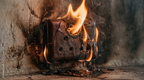 Old-style Type D bakelite electrical socket burning aggressively. The dark brown faceplate cracks as thick flames pour from the top, with molten plastic pooling below.