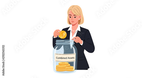 Canvas Print Female Corporate Treasurer Placing Gold Coin in Combined Assets