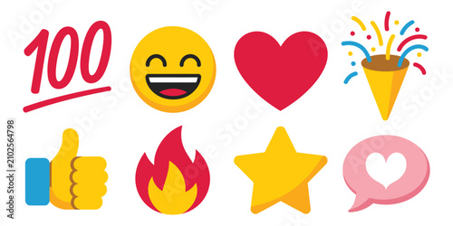 Foto Social reaction icon set, 100 sign, happy smiley, heart, thumbs up, fire, star,