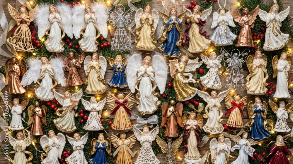 Fototapeta premium Collection of Various Angel Figurines Displayed on Wall.