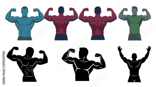 Tableau sur toile Set of vector collection featuring different bodybuilder action poses, front dou
