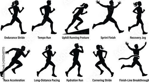 Bilde på lerret Set of ten black silhouettes featuring diverse running postures and actions including endurance, sprinting, hydration, and finish line breakthroughs isolated design