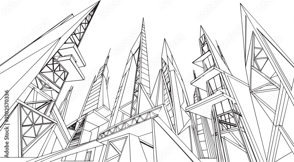 Fototapeta premium City landscape. Line urban backdrop, different buildings on street, doodle street draw, outline cityscape hand sketch, flat houses. Hand drawn vector illustration