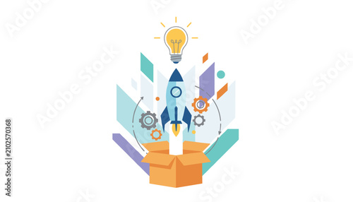 Out of the box thinking creative business concept showing a rocket launching from a cardboard box with a light bulb.