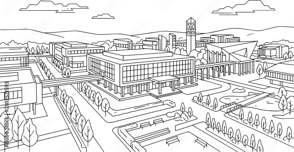 Obraz premium City landscape. Line urban backdrop, different buildings on street, doodle street draw, outline cityscape hand sketch, flat houses. Hand drawn vector illustration