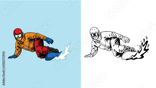 Fotografía Detailed vintage hand drawn illustration of a snowboarder carving and spraying s