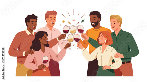 Diverse group of friends celebrating with wine toast, flat illustration