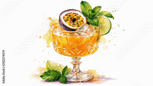 Foto Passion Fruit Cocktail isolated watercolor vector illustration svg