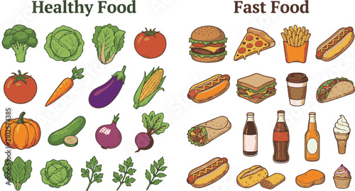 Healthy vs junk food concept. Fruits and Vegetables or fast nutrition. Balanced Diet. Lifestyle concept. Illustration for organic shop or farm market. Hand drawn Ingredients in vintage style.