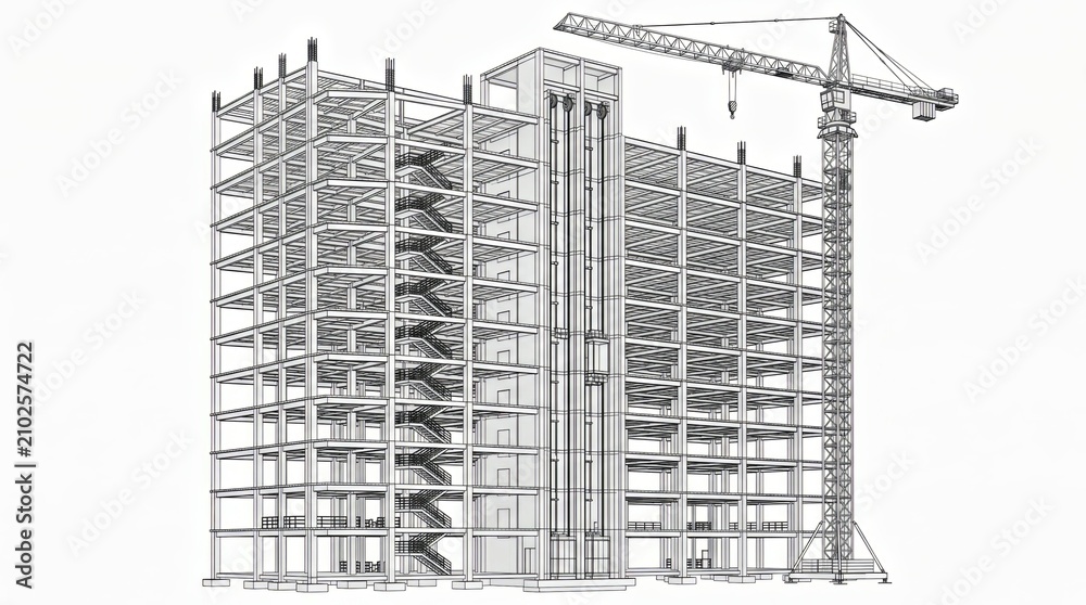 Fototapeta premium Construction site building framework featuring a tall metal skyscraper structure under development with a large industrial crane standing beside the skeleton of the edifice isolated on a plain white b