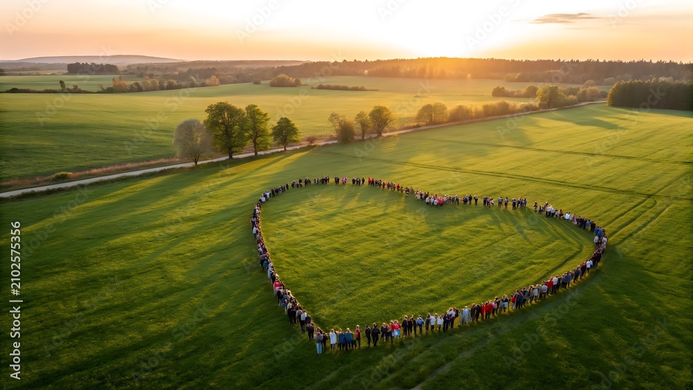 Obraz premium Diverse group forming a heart shape in a field. Aerial view of people standing in unity.