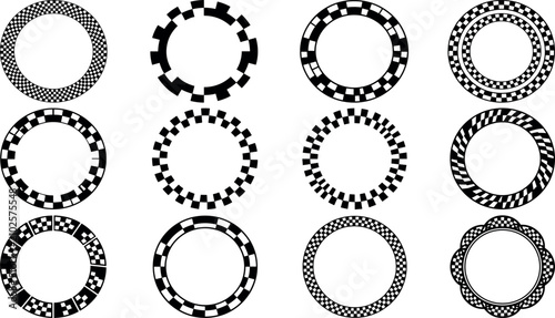 Bild auf Leinwand Geometric circular frame vector set featuring black and white checkered borders, racing flag patterns, and abstract concentric mosaic ring silhouettes