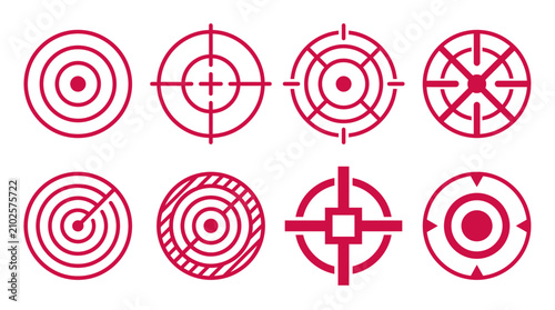 Collection of eight red target icons and crosshair symbols in various geometric styles isolated on a white background, symbolized by strategic marketing planning and achieving business goals