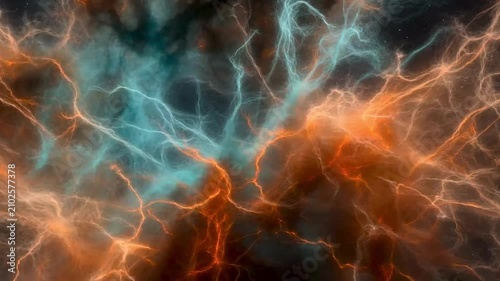 Bright vibrant supernova remnant nebula expanding in dark space