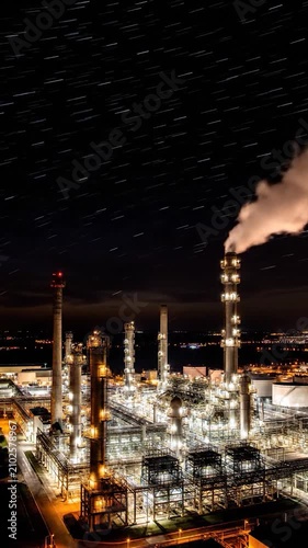 Industrial oil refinery plant glows under a vibrant sunset sky