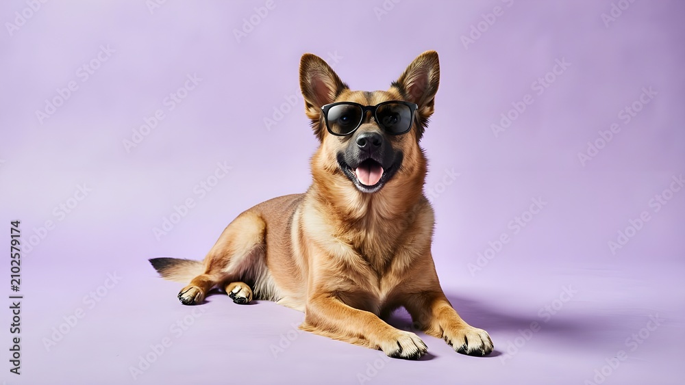 Obraz premium Cool funny dog wearing sunglasses lying on purple studio background for pet holiday