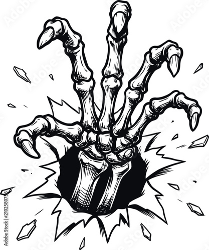 Tableau sur toile Zombie skeleton hand bursting out from a cracked hole vector illustration, spooky monster bony claw with sharp nails isolated on white background