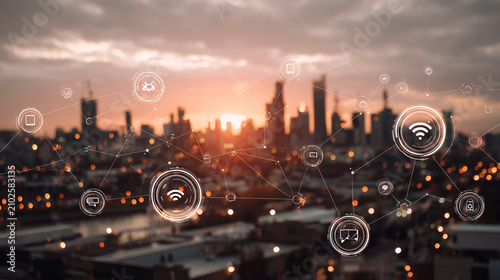 Social media fo city and Smart digital Innovation city with connection network reciprocity over the cityscape. of future smart wireless city and social media networking systems that connects business