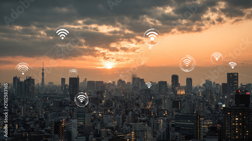 Social media fo city and Smart digital Innovation city with connection network reciprocity over the cityscape. of future smart wireless city and social media networking systems that connects business