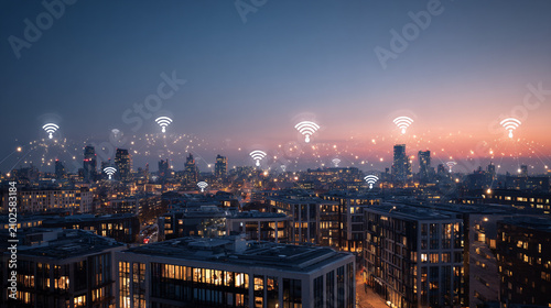 Social media fo city and Smart digital Innovation city with connection network reciprocity over the cityscape. of future smart wireless city and social media networking systems that connects business