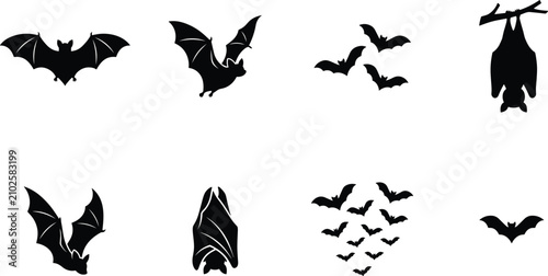 Fotografie Bat silhouette collection with flying, roosting, grouping, and resting poses