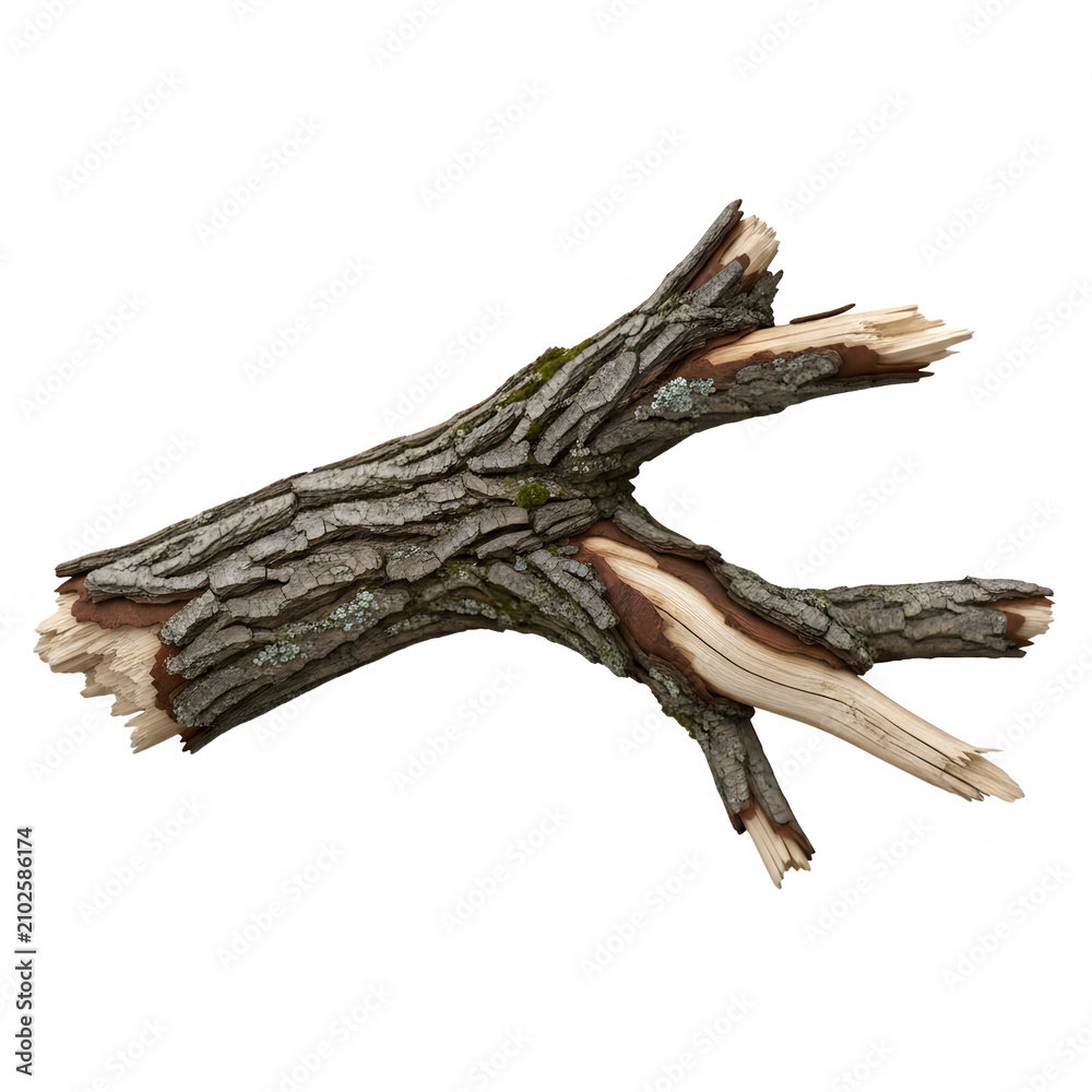 Fototapeta premium Broken tree branch with textured bark on transparent background with angle isolated transparent