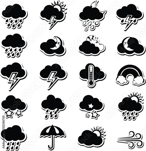 Weather Icons Depicting Various Atmospheric Conditions and Phenomena with Clouds, Rain, Lightning, Snow, and Wind