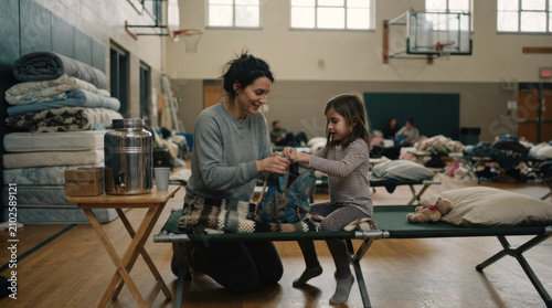 Mother helping child arrange backpack on cot inside temporary shelter in a school gym with blankets, water jug, and relief supplies