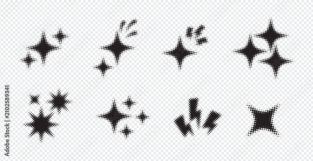 Fototapeta premium Retro Halftone Sparkle Icon Set on Transparent Background with Comic Star Elements