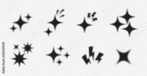 Retro Halftone Sparkle Icon Set on Transparent Background with Comic Star Elements