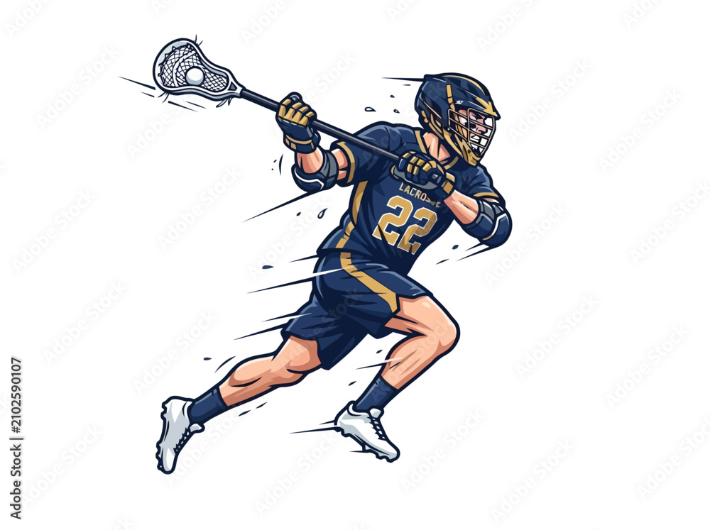 Fototapeta premium Dynamic illustration of a lacrosse player sprinting with a stick and ball.