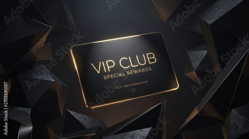 VIP CLUB special rewards card, luxury black and gold membership card, premium loyalty program card on dark geometric background